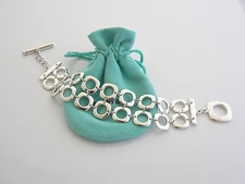 Tiffany & Co Cushion Square Link Toggle Bracelet Silver Double Chain Gift Pouch