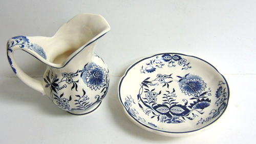 Vintage Creamer & Saucer - White and Dark Blue Floral - 5" Tall - Picture 3 of 8