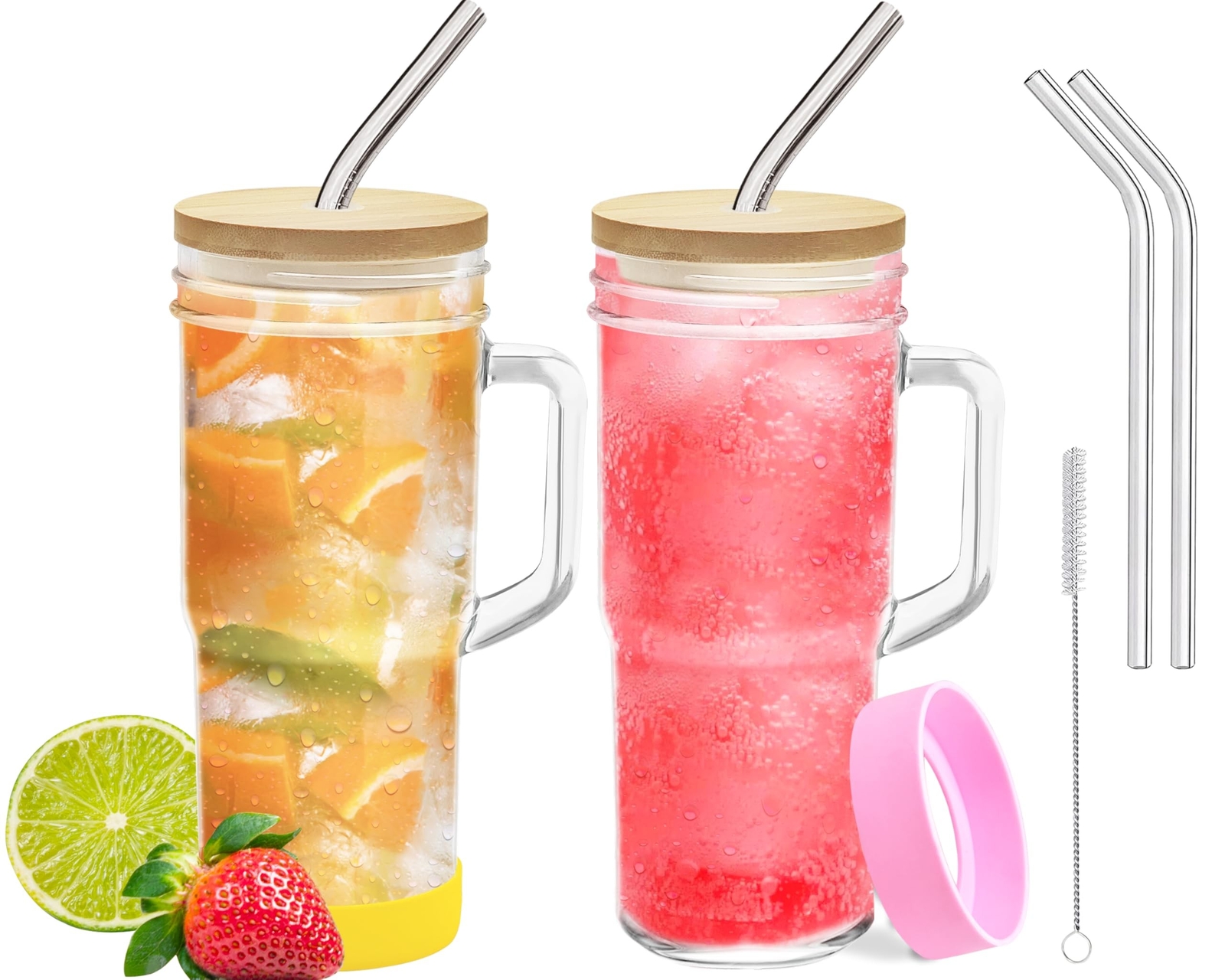 24oz Glass Mason Jar Tumblers with Lids Straws and Handle - 2 Pack