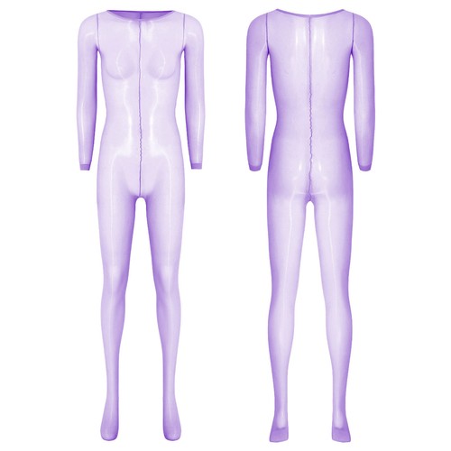 Women Bodysuit Catsuit Jumpsuit Crotchless Unitard Underwear Long Sleeve Sheer - Picture 22 of 69