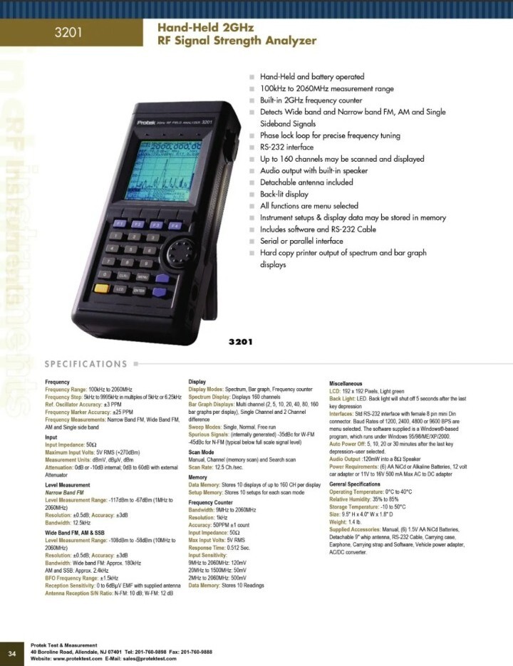 New Protek 3201 2GHz Hand-Held RF Field Signal Strength Analyzer ...