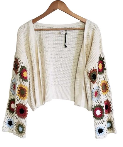 Sincerely Jules Crochet Open Cardigan Womens Medium Cream Granny Floral Square