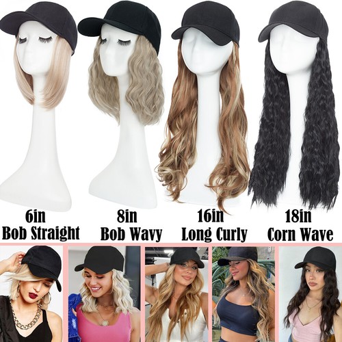 Women Baseball Cap with Balayage Hair Pieces Short Bob Curly Straight Full Wigs - Picture 2 of 40