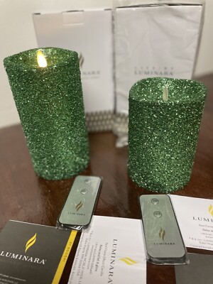 LOT NEW 2 Luminara Real Flameless Candle 7'' & 5  Glitter Green Remote Set Sealed