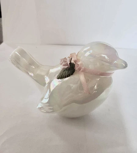 Rare Fenton Glass Bird Pearl Opalescent White w Pink Porcelain Rose orig Sticker