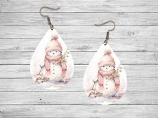Sweet Pink Snowman Christmas Earrings Handmade Wood Tear Drop Dangle Jewelry