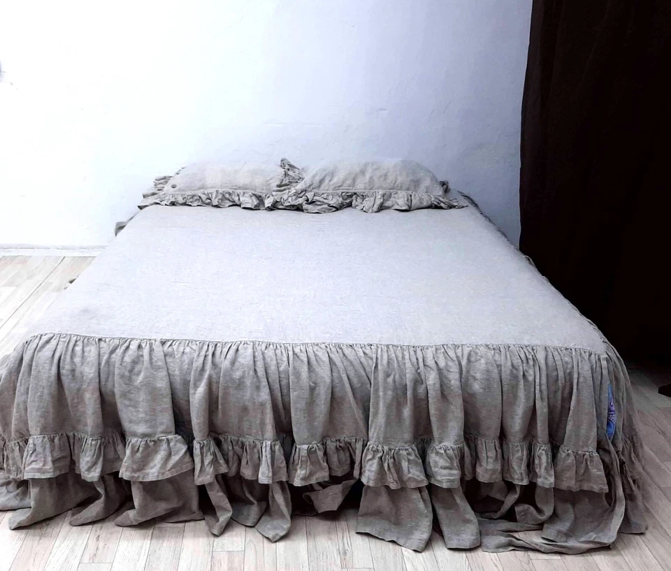 Falda de cama de lino con doble volante esquinas divididas panel con volantes falda de cama con volantes antipolvo Foto 4 de 4