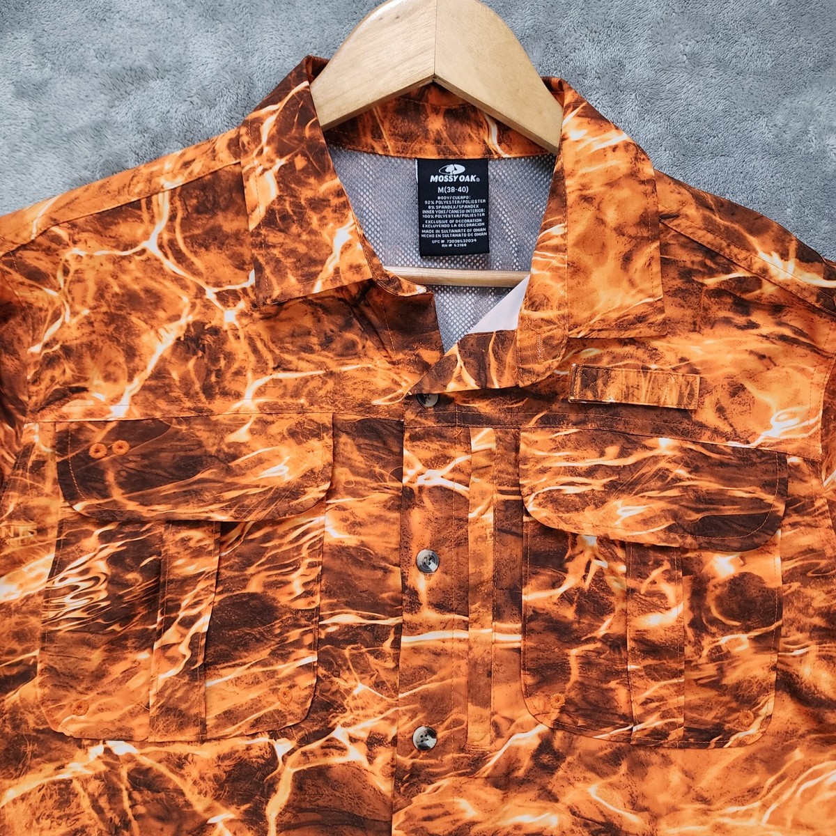 Chemise De Pêche Mossy Oak Elements Agua Manches Longues – Taille L, Orange Camouflage