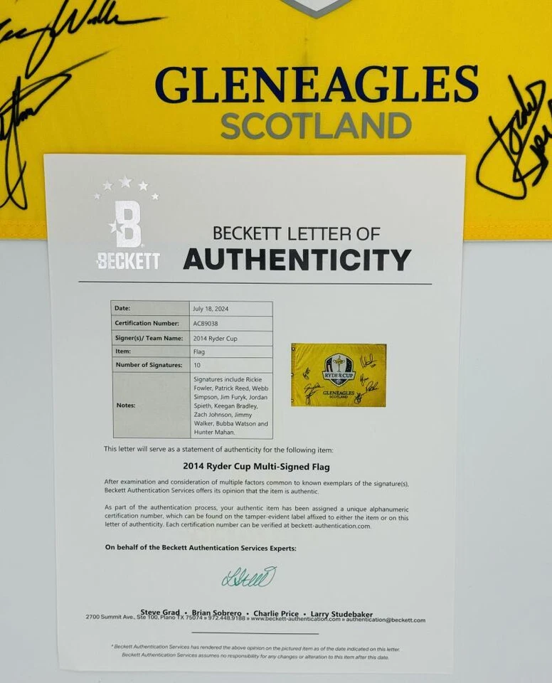 TEAM EE. UU. FIRMADO 2014 RYDER CUP BANDERA DE GOLF GLENEAGLES AUTÓGRAFO JORDAN SPIETH J38 Foto 2 de 2