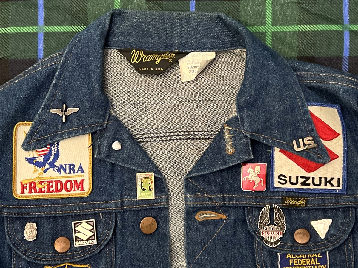 Vintage 60s 70s Wrangler Denim Jacket Small Patches Pins Military 