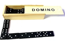 MINI SIZEDOUBLE SIX DOMINOES DOMINO SET, 28 Black Tiles in Wooden Storage Case