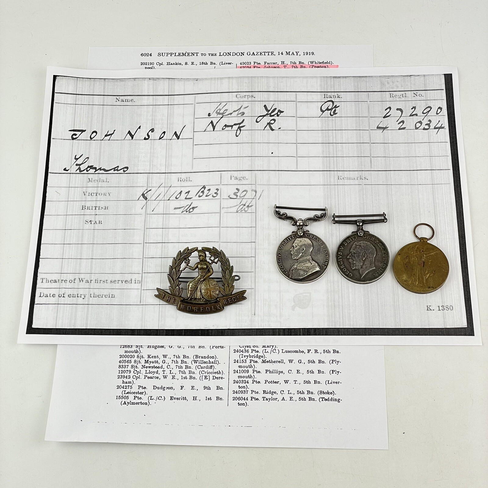 WW1 MM Military Medal Group Herts Yeomanry & Norfolk Private T Johnson 27290