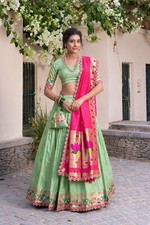 Fancy Designer Pista Green Jacquard Silk Lehenga Choli With Dupatta For Women
