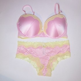 Victoria Secret Bra Set Tease Push Up Cheeky Panty Pink Yellow Lace Trim New