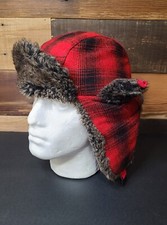 Trapper Style Hat Chaos Wool Blend Red Black Plaid Ear Flap Faux Fur