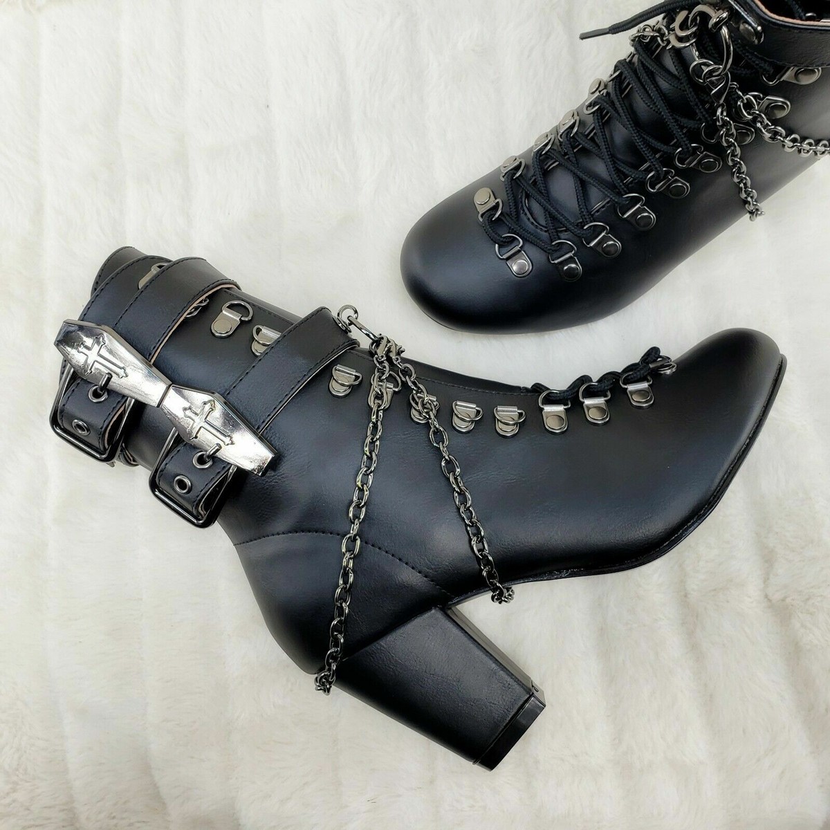 DEMONIA Vivika Goth Granny Ankle Boots Coffin Straps & Chains Goth
