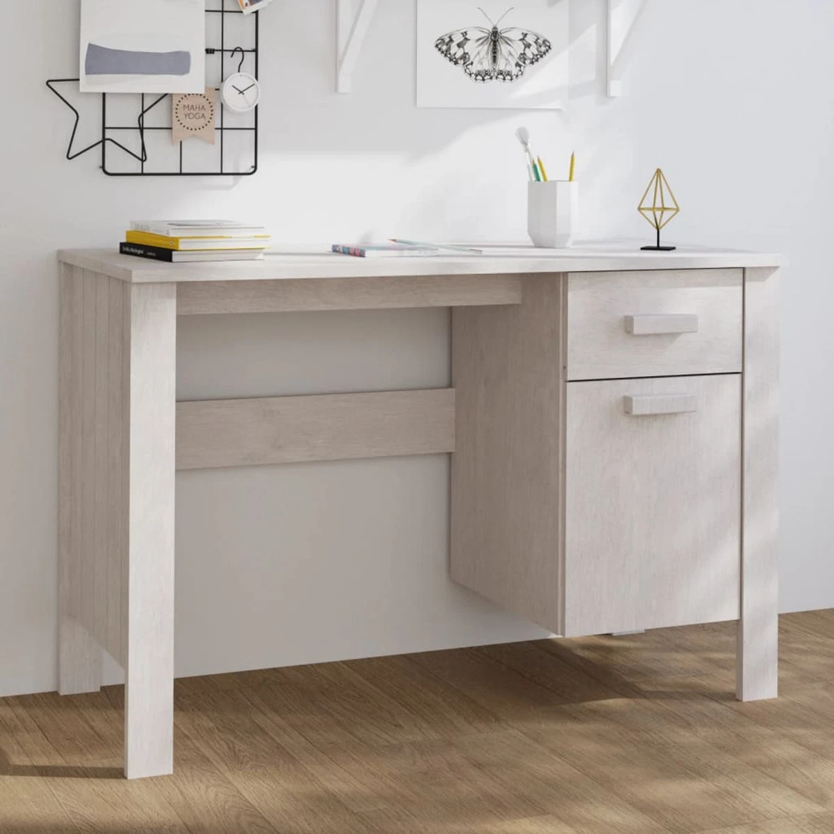 Desk White 113x50x75 Solid Wood Pine C8C0