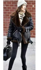 WOMEN Sheepskin LEATHER JACKET B3 BOMBER RAF BLACK AVIATOR FLYING COAT SHEARLING