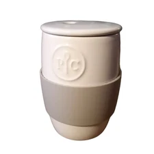 Pampered Chef White Gray Microwave Ceramic Egg Cooker 5"t Silicone Sleeve #1529