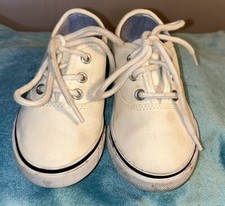 Janie and Jack Toddler Girl Sz 8 Shoes White Canvas Tennis Shoe Navy Trim Tie