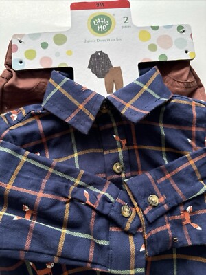Little Me 2-piece Boy s Dress Set 9 Months Foxes On Shirt With Brown Pants
