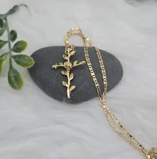 Gold Cross Necklace, Rose & Leaves Cross Necklace, 14k Heavy Plated Gold