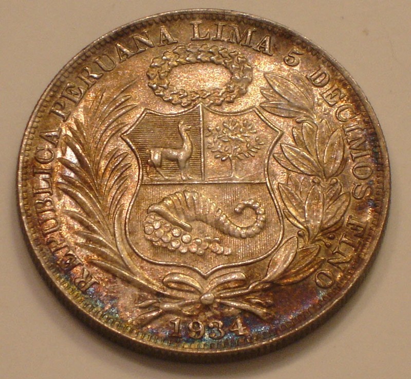 1934 SILVER Un Sol of Peru HIGHER GRADE Rainbow Tones