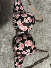 Victoria's Secret Push Up Bra 34D Underwired Floral Leopard Black Pink Beige