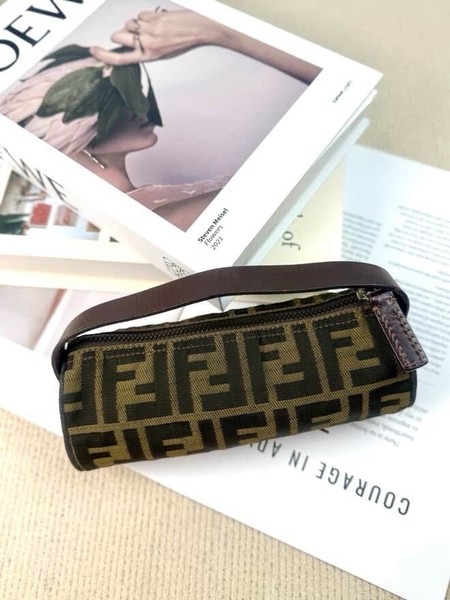 FENDI Zucca Mini Pouch Bag Brown Canvas FF Monogram Vintage Italy + Gold Chain 