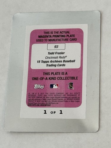 Placa de impresión magenta 1/1 Todd Frazier 2015 Topps Archives Cincinnati Reds rara - Imagen 5 de 6