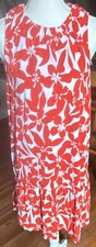 LOFT XS Red White Floral Shift Dress Sleeveless Round Neck Knee Ruffle