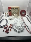 Vintage Lot of Costume Jewelry Red White Blue Beaded Necklaces Earrings/ Merica