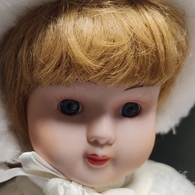 Porcelain Doll, Blonde Curly Hair, White Winter Outfit, Hat, Muff, Shoes, Stand