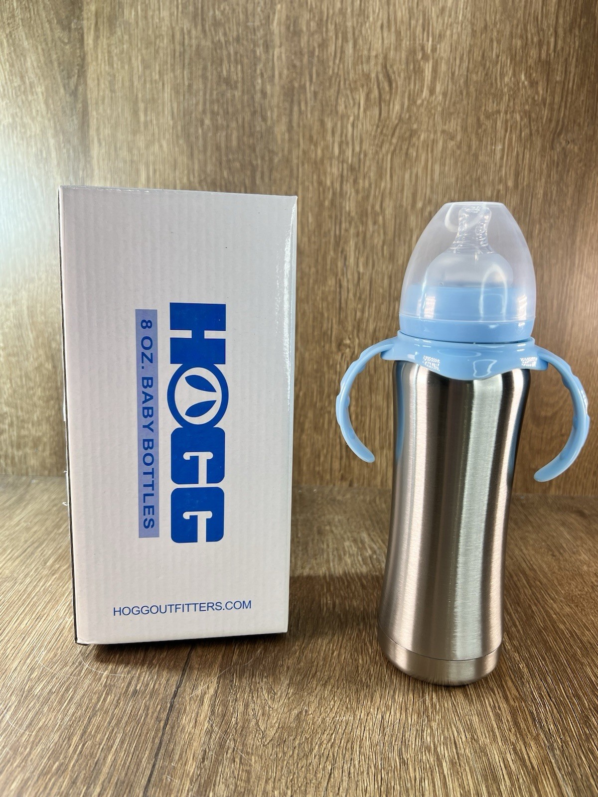 8oz Baby Bottle Blue Trim with handles Stainless Steel Tumbl