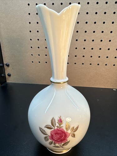 Vintage Lenox Made in USA Rhodora Pink Rose Vase With 24K Gold Trim 8" Tall
