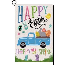 Spring Happy Easter Garden Flag, Truck Bunny and Eggs Yard Decor Double Sided