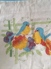 Vintage Tinted Blue Birds And Bright Flowers Embroidered Pillow Case 23" X 18"