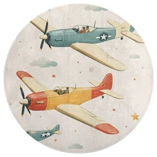 Vintage Airplane Flying Theme Round Mat - Non-Slip, Machine Washable Polyester F