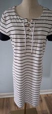 Tommy Hilfiger Preppy Nautical Navy White Striped Lace Up T-Shirt Dress Sz Lg