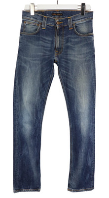 NUDIE Thin Finn Org. Midnight Worn Jeans Herren W30/L32 Faded Stretch Whiskers