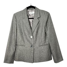 Le Suit Petite Womens Grey Herringbone Two Button Blazer Jacket Size 10P