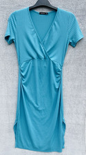 Boohoo Maternity Size 12 Teal Summer Midi Dress Ribbed Wrap Front Pregnancy