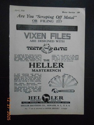 1930 Heller Brothers CO Newark Vixen tool file mechanic ad J.H. Williams Buffalo