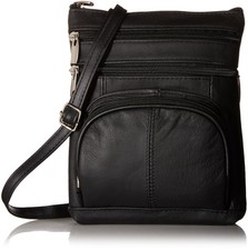 Genuine Cross Body Purse Bag, Multi-Pocket, Black