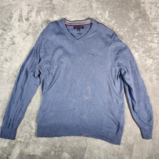 Tommy Hilfiger Men's XL Blue Solid V-Neck Cotton Pullover Sweater BLEACH STAIN