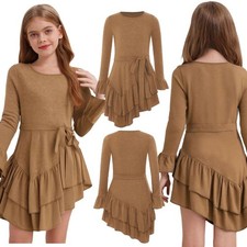 Kids Girls Skirt A Line Gown Ruffle Costume Princess Dress Cosplay Solid Color