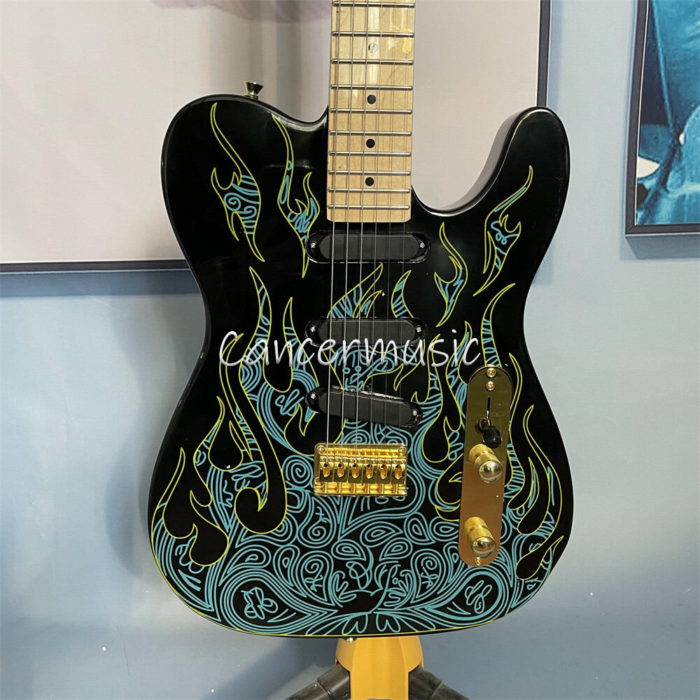 Guitarra Eléctrica James Burton Personalizada de Fábrica TL Azul Paisley Llama Cuello de Arce