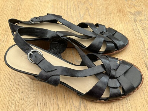 Clarks Black Leather Strappy Wedge Sandals Size 6 - Picture 3 of 5