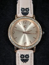 Charming Charlie Pink Peach Owl Faux Leather Band Watch Round Crystal Accent