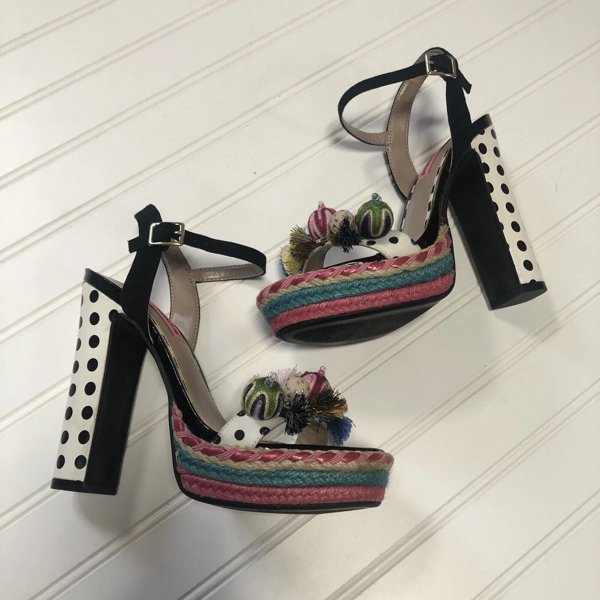 Betsey Johnson Polka High Heel Pom Pom Open Toe Platform Sandal Festive Size 6